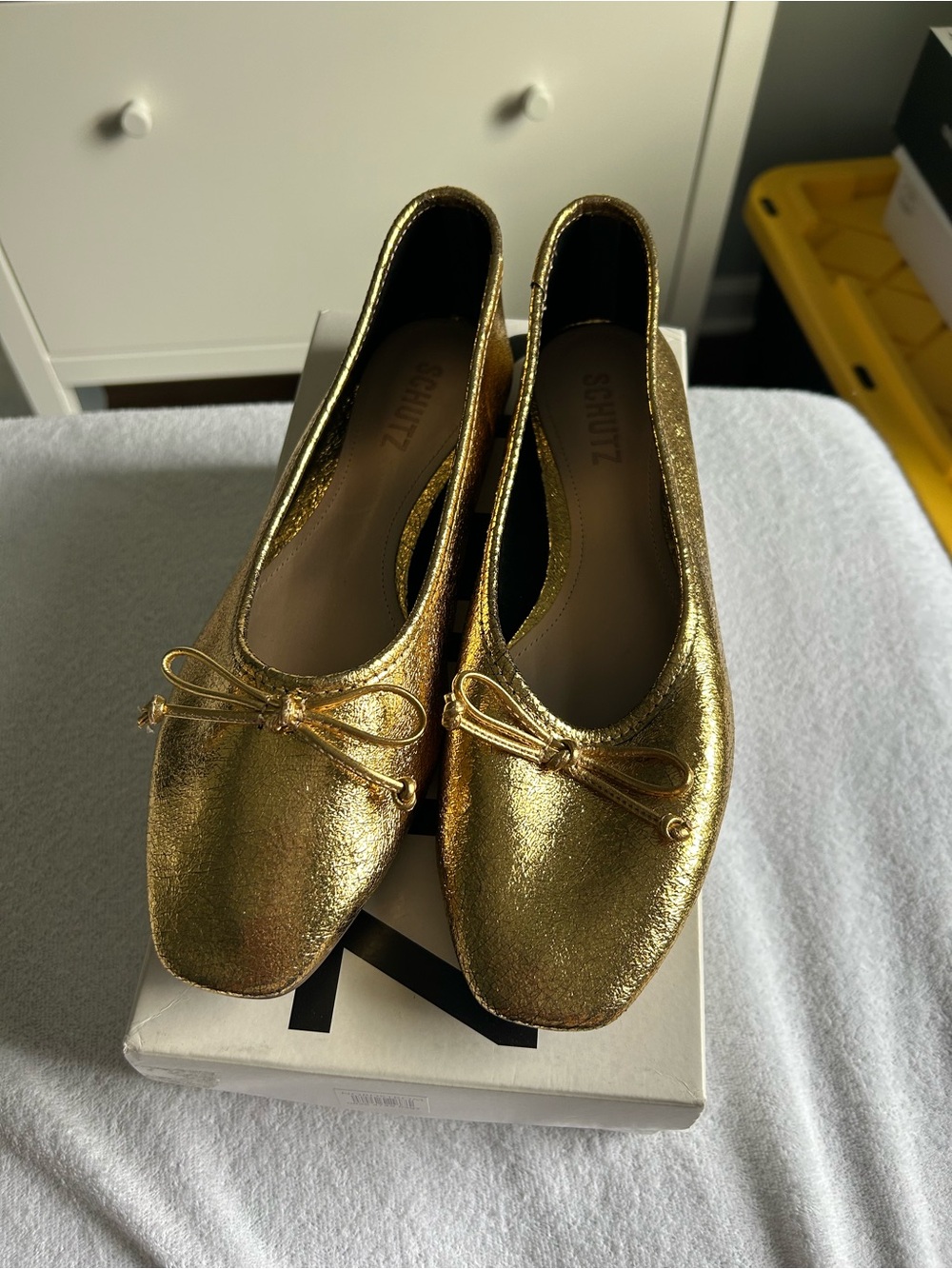 SCHUTZ Shimmering Gold Square-Toe Ballet Flats with Bow